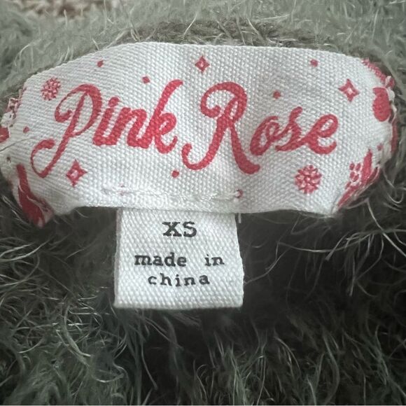 Pink Rose Eyelash Crew Neck Olive Green Long Sleeve Soft Cozycore Sweater SZ XS - Picture 6 of 9